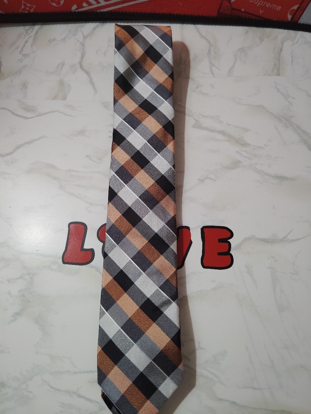 Bar III Plaid Tie in Black, Gray & Brown